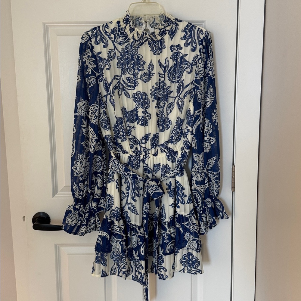 Floral Blue and White Long Sleeve Dress